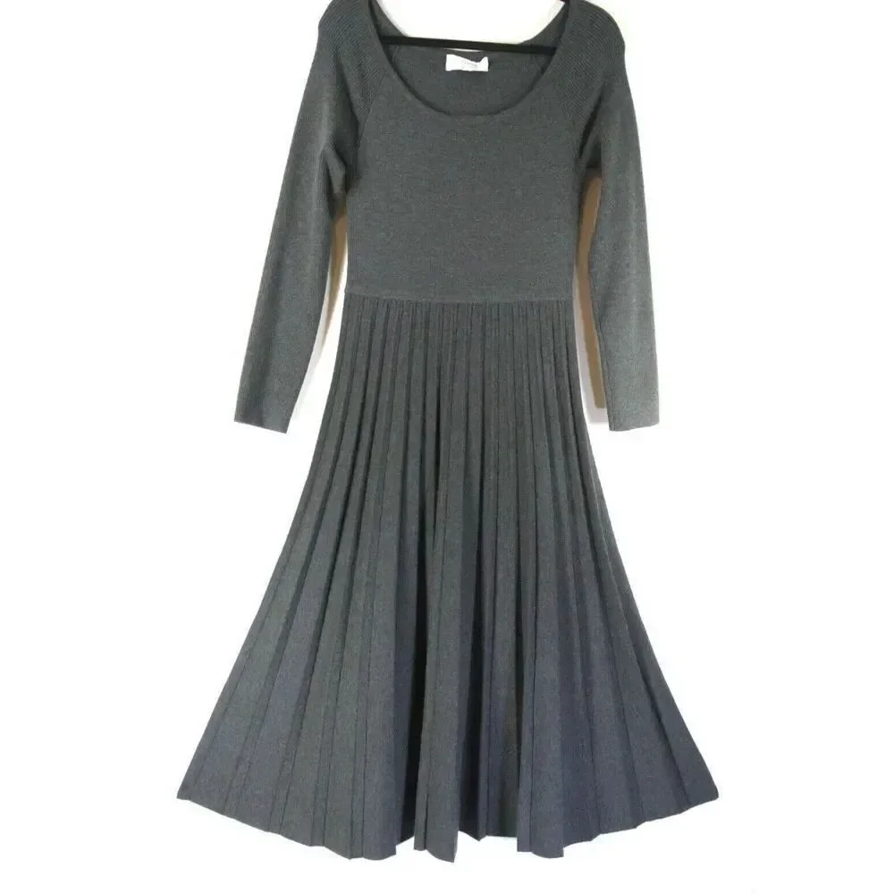 La Ligne Womens Gray Merino Wool Blend Long Sleeve Pleated Dress Medium NWOT